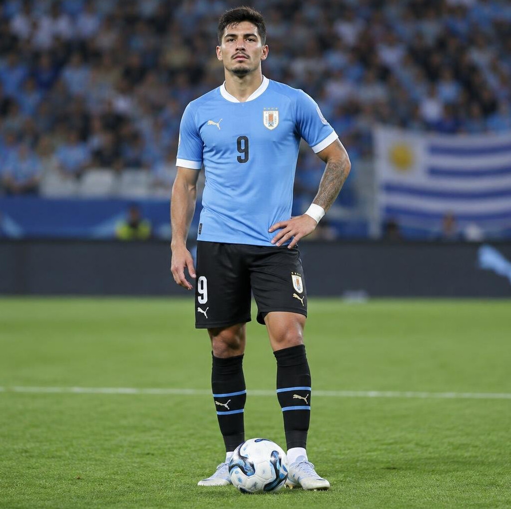 Uruguayan footballer in team jersey posing on the pitch