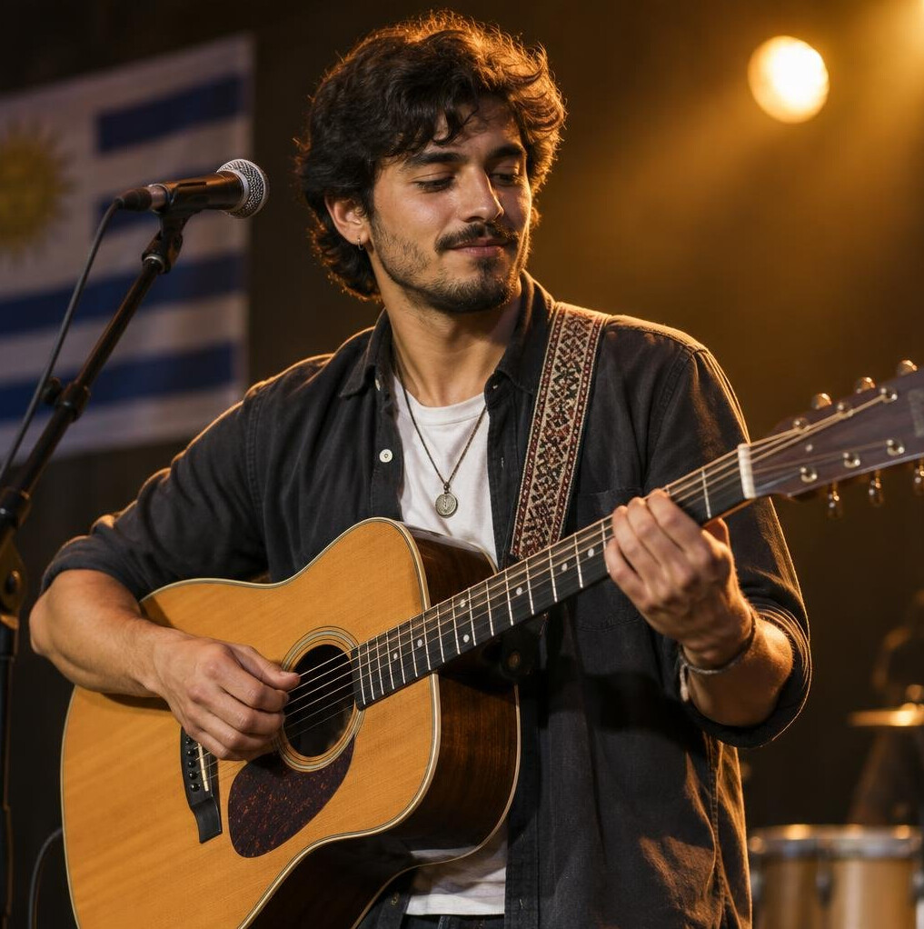 Latino musician playing guitar during a live performance