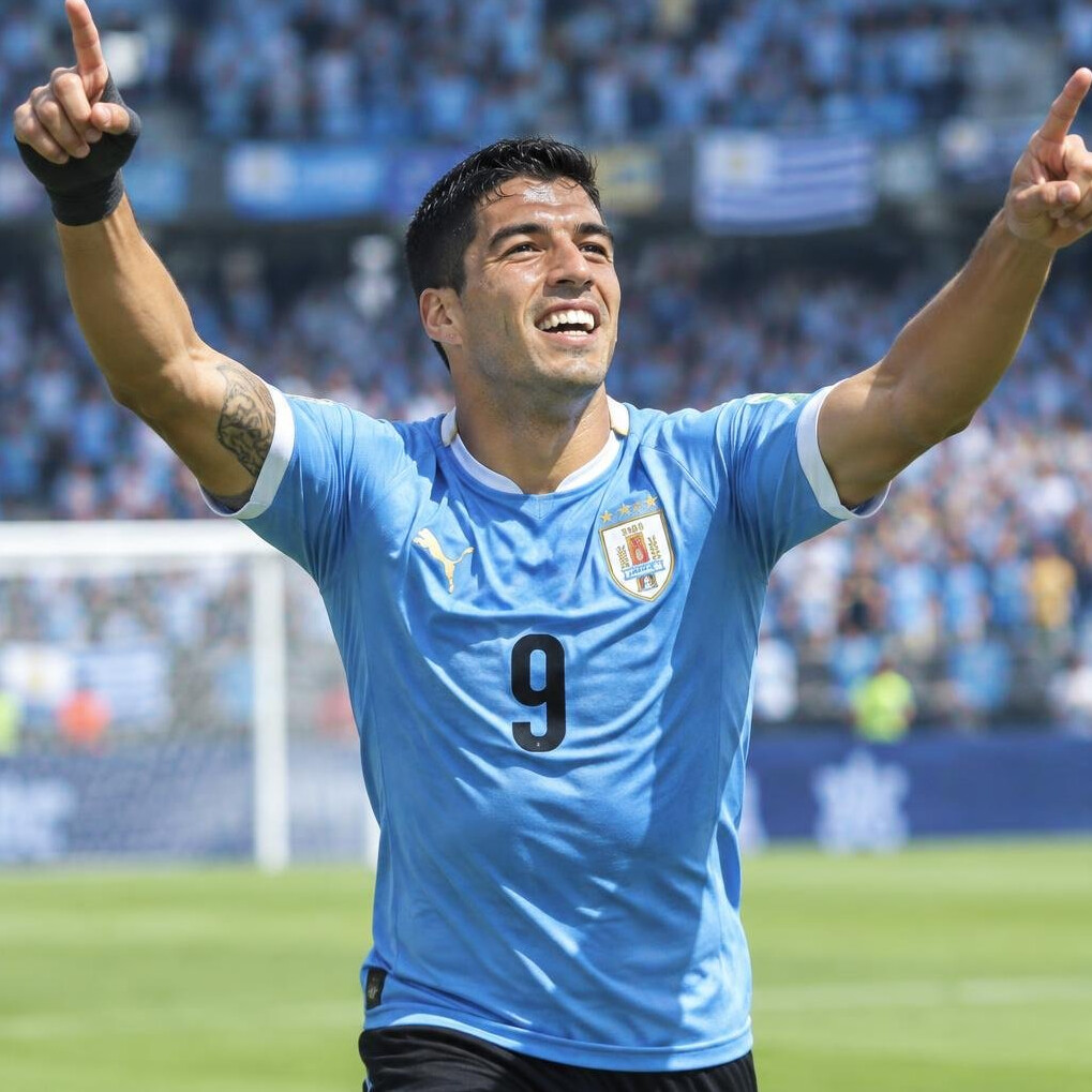 Uruguayan football star celebrating a goal on the field