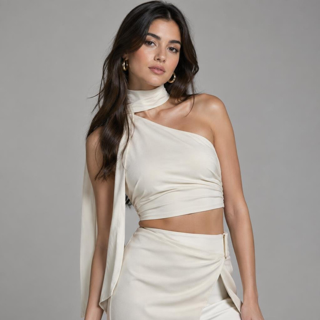 Latina fashion model posing in a stylish outfit against a plain backdrop