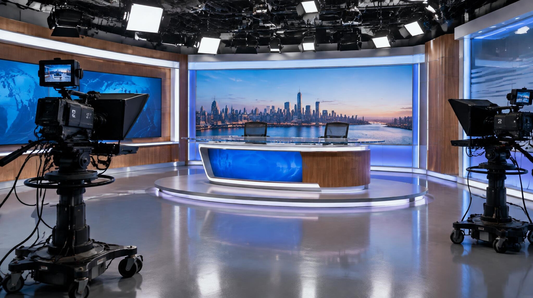Modern television production studio with cameras and lighting rigs