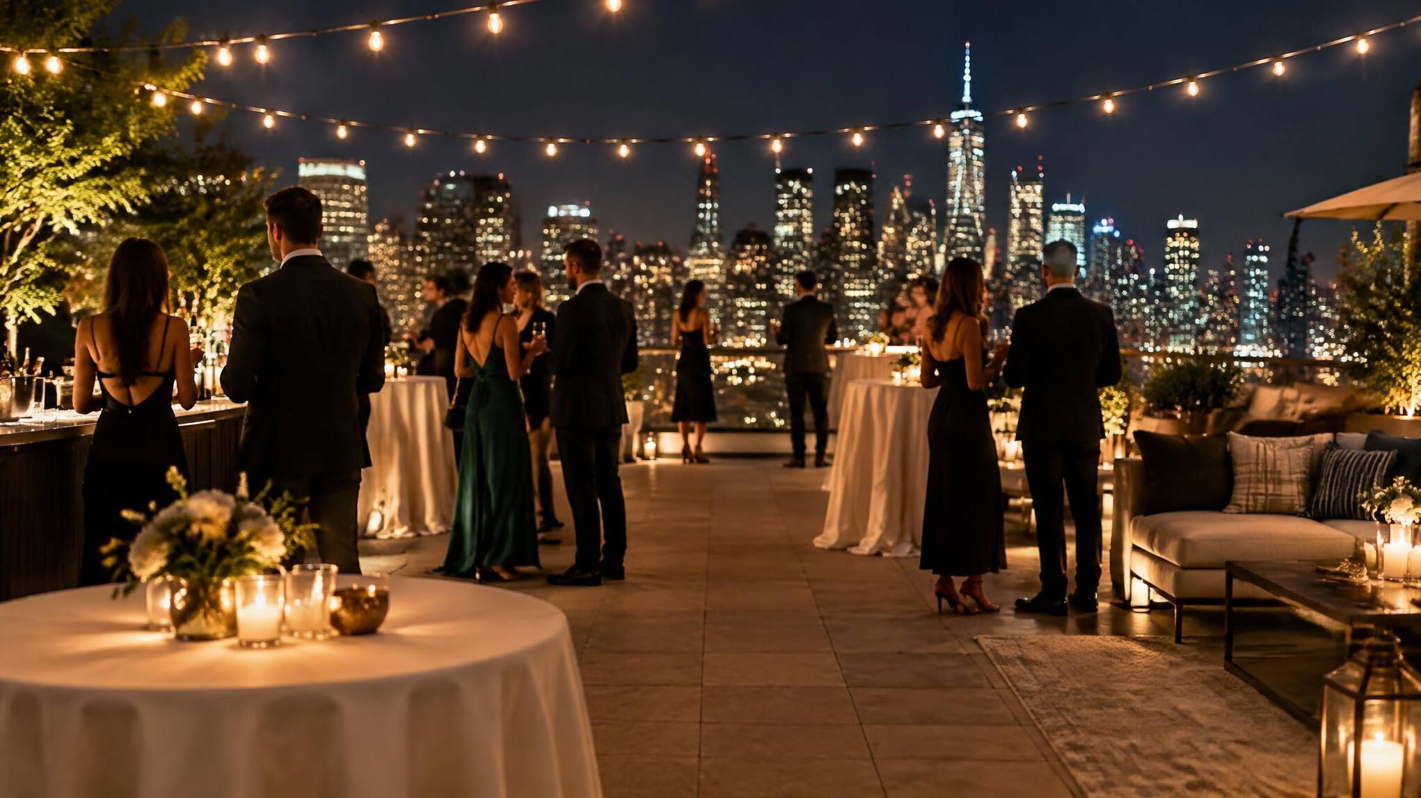 Elegant rooftop party with string lights and city skyline view