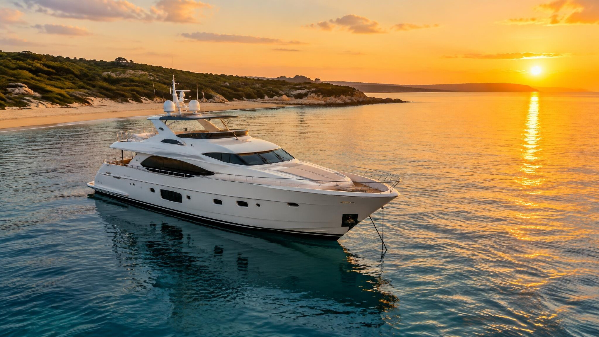 Luxury yacht anchored near a coastal beach at sunset