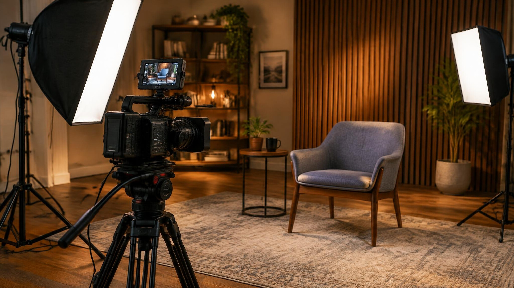 Video camera recording setup with a softbox light in an interview room