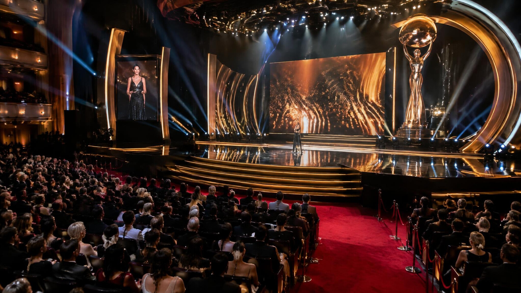 Crowd at a glamorous entertainment awards event with stage lighting
