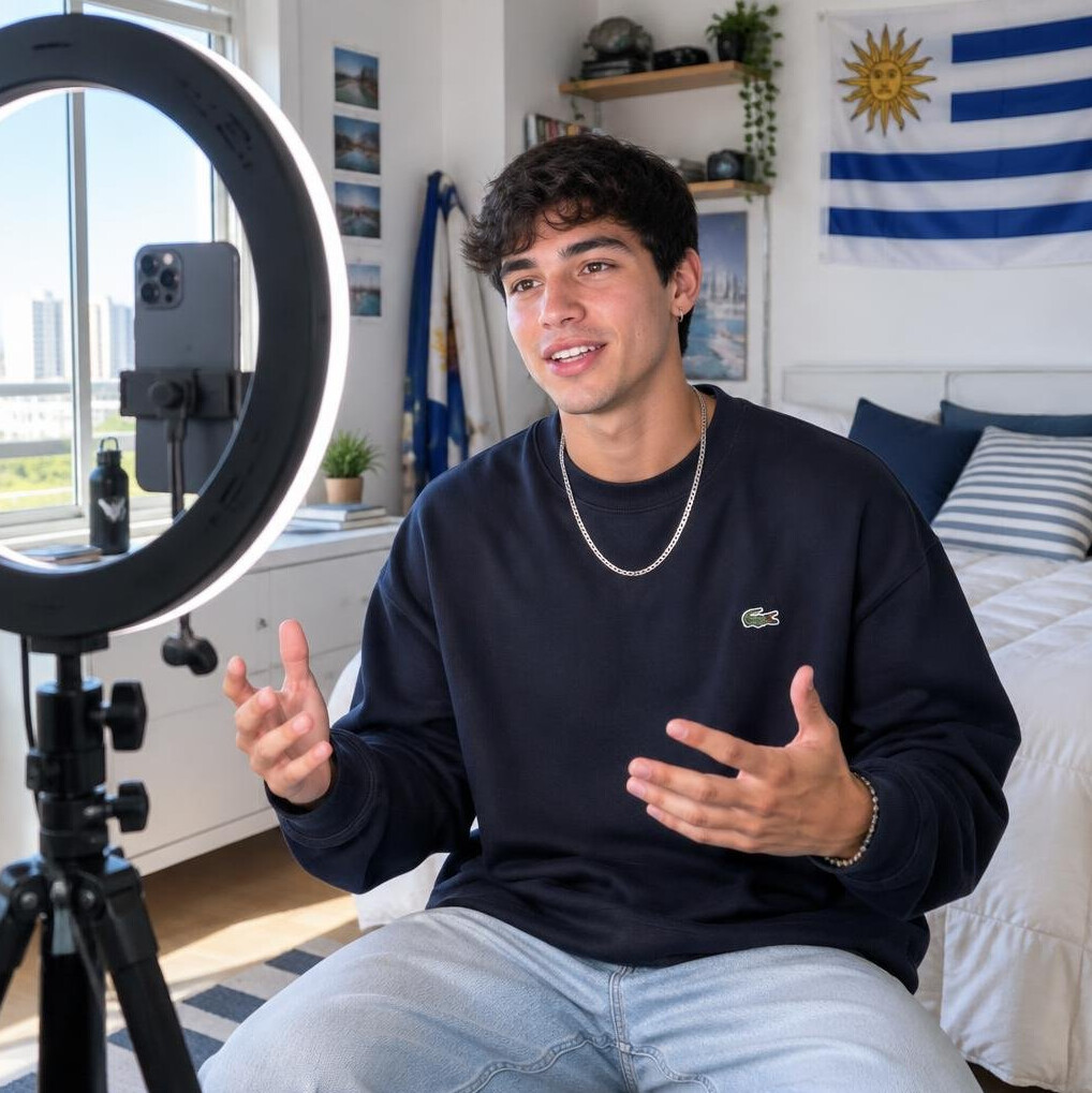 Trendy Latino influencer filming content with a ring light setup