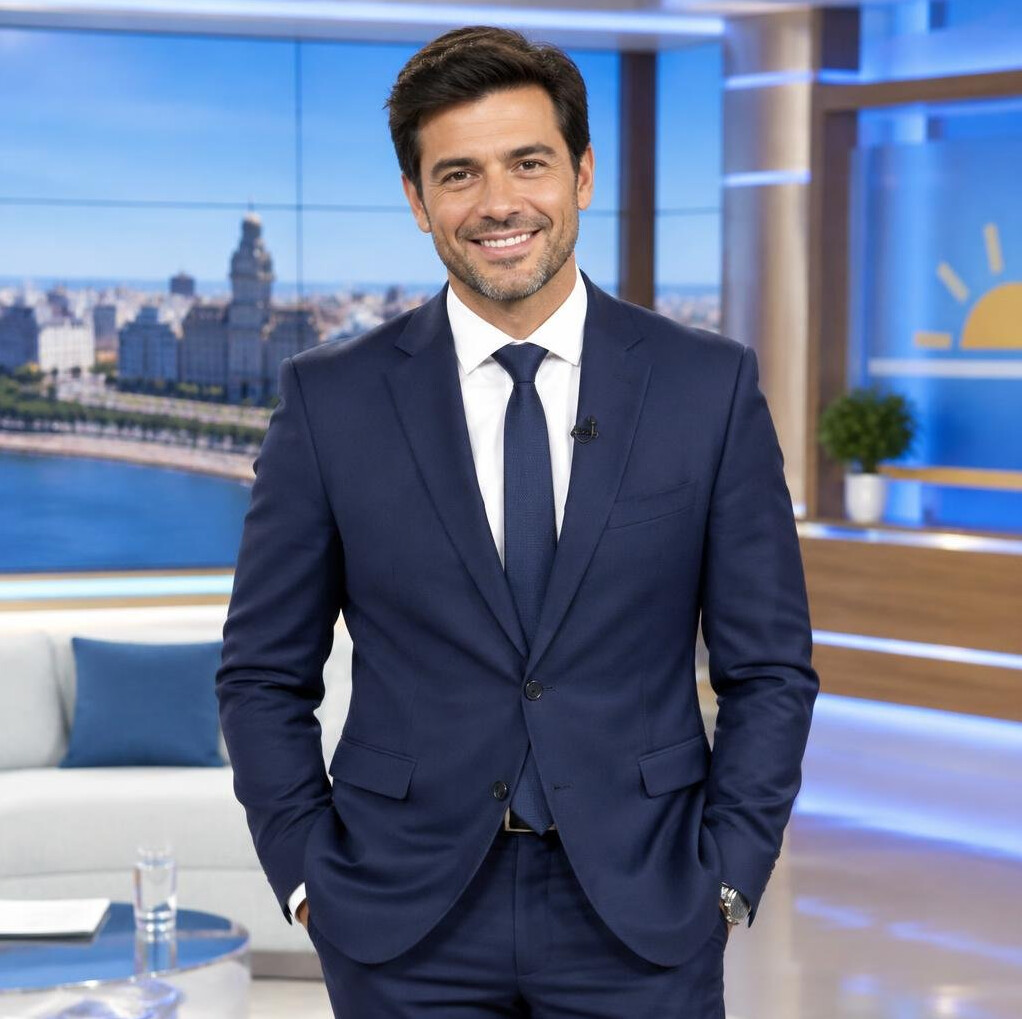 Confident Latino television host smiling in a modern TV studio